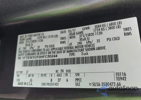 2017 Ford F-150 King Ranch/Lariat/Platinum/Xl/Xlt from USA, damaged, VIN 1FTEW1CF0HFC50244